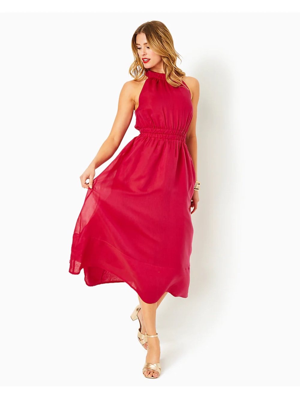 Lilly Pulitzer Dress MARLEEN Halter SILK cotton HALTER, POINSETTIA RED Pink 14 - Picture 4 of 10